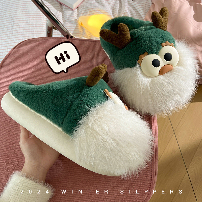 Christmas Deer Cotton Slippers Women's Winter Interior Home Half-covered Heel Warm Plush